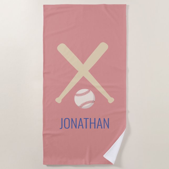 Kids Personalised Baseball Sports Blue Red Beach Towel (Front)