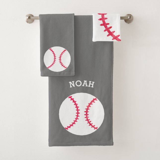 Kids Personalised Baseball Sports Grey Athletic Bath Towel Set (Insitu)