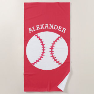 Kids Personalised Baseball Sports Red Beach Towel