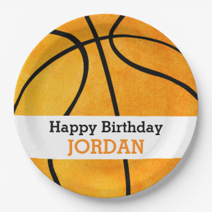Kids Personalised Basketball Happy Birthday Orange Paper Plate