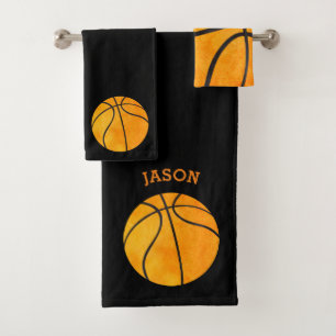 Kids Personalised Basketball Sports Black Bath Towel Set