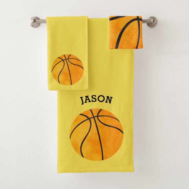 Kids Personalised Basketball Sports Yellow Bath Towel Set (Insitu)