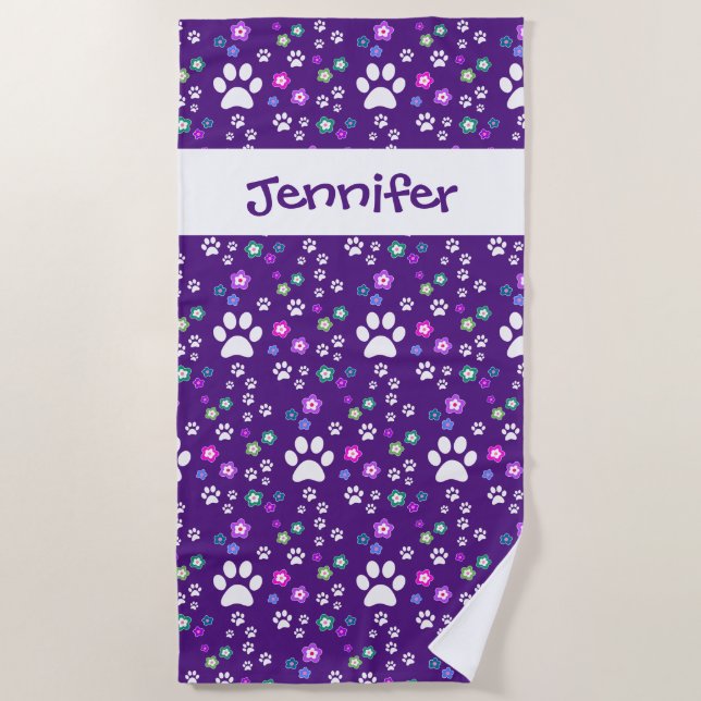 Kids Personalised Beach Towels, Dog Paw Print Towel (Front)