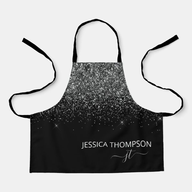 Kids Personalised Black Glitter Monogram Name  Apron (Front)