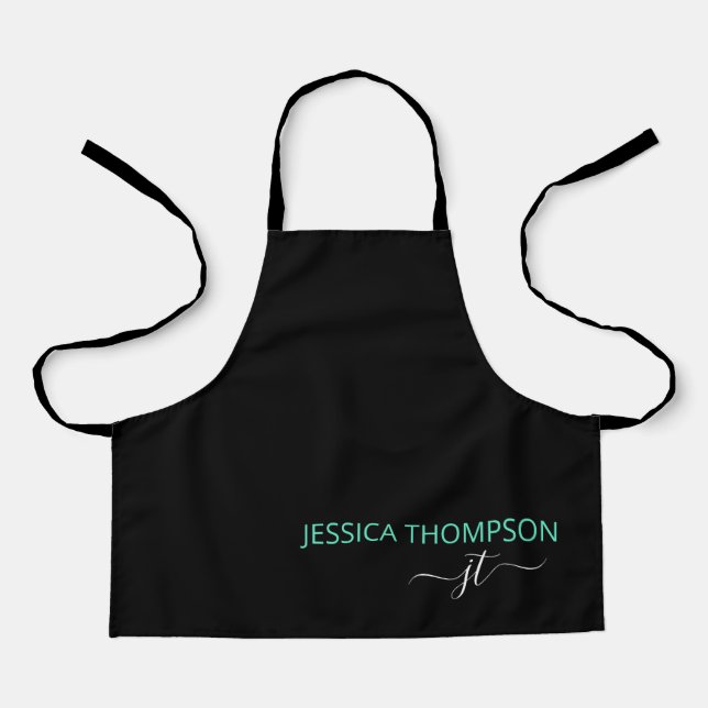 Kids Personalised Black Teal Monogram Name Cute  Apron (Front)