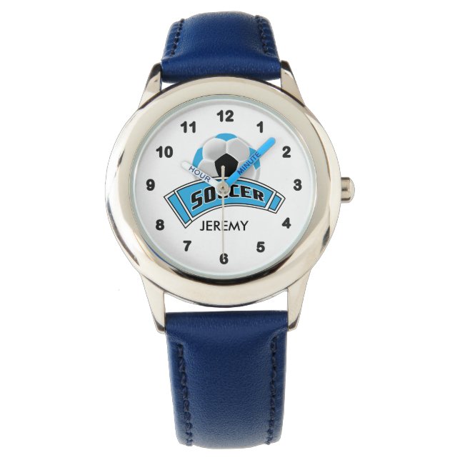 Kids Personalised Blue Soccer  Watch (Front)