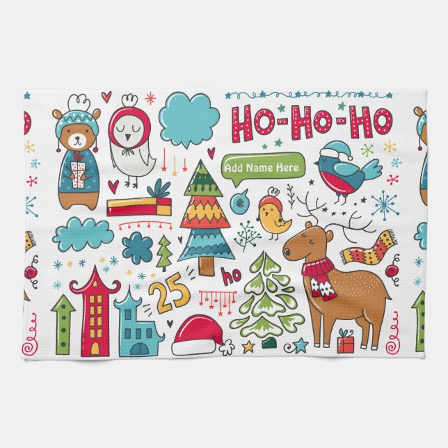 Kids Personalised Christmas Folk Art Doodles Decor Tea Towel (Horizontal)