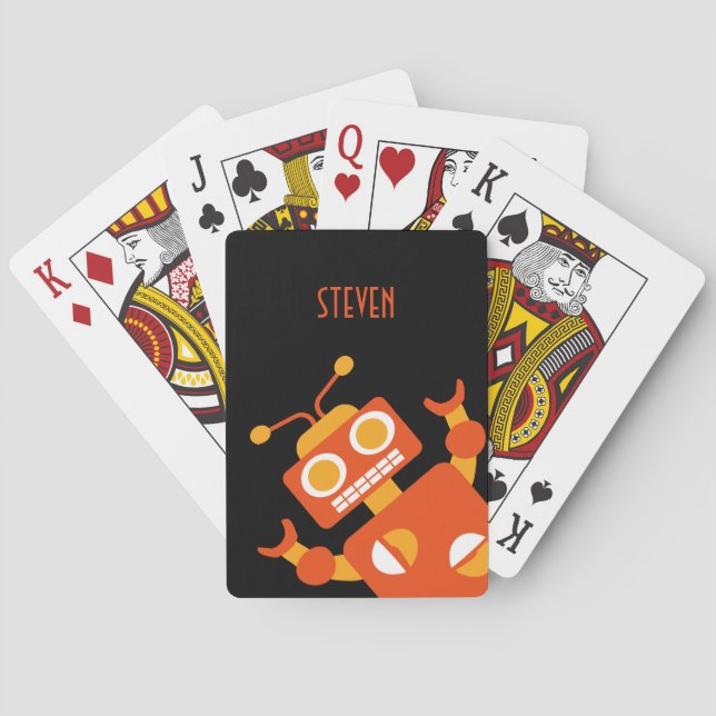 Kids Personalised Crazy Orange Robot Boys Playing Cards (Back)