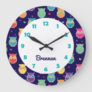 Kids Personalised Cute Owl Pattern Blue Animal Large Clock