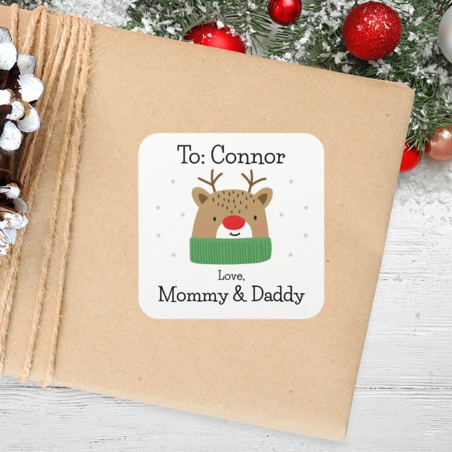 Kids Personalised Cute Reindeer Christmas Gift Square Sticker (Creator Uploaded)
