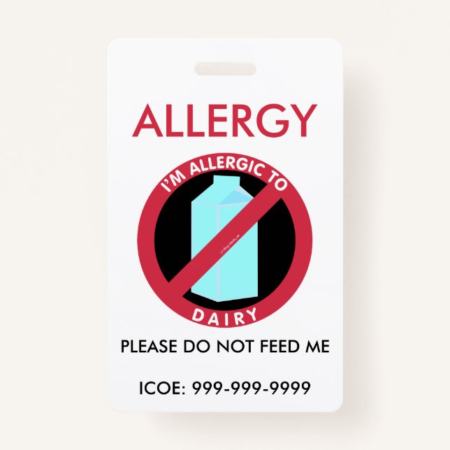 Kids Personalised Dairy Allergy Emergency ID Badge (Front)