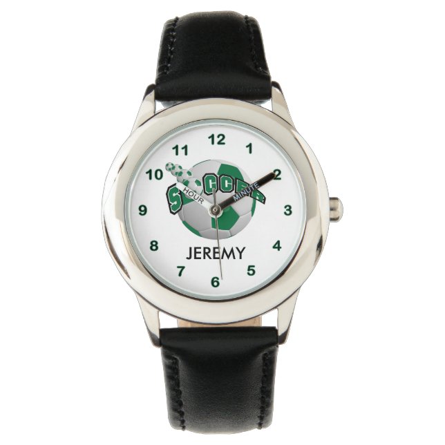 Kids Personalised Dark Green Soccer  Watch (Front)
