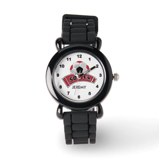 Kids Personalised Dark Red Soccer  Watch (Front)