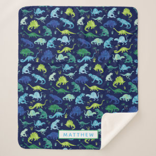 Kids Personalised Dinosaur Blue Green Boys Pattern Sherpa Blanket