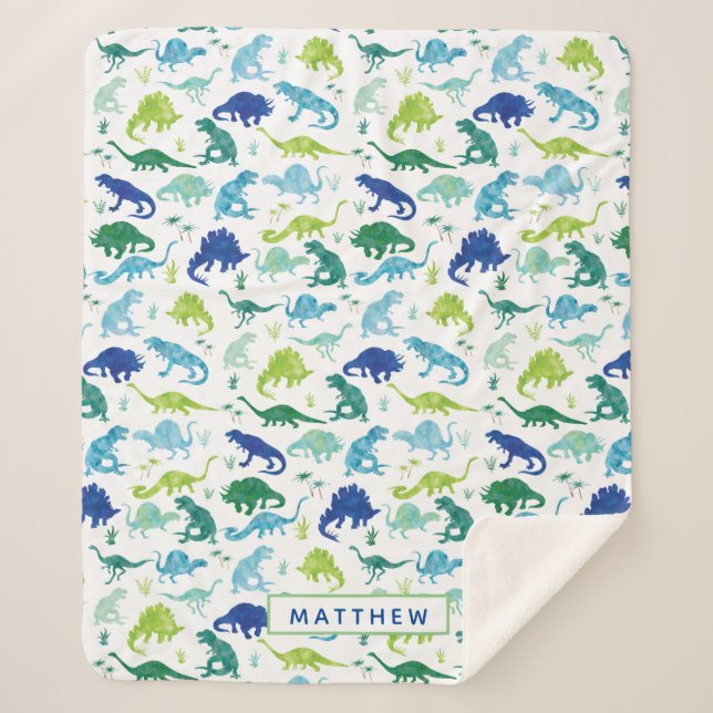 Kids Personalised Dinosaur Blue Green White Boys Sherpa Blanket (Front)