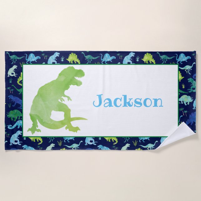 Kids Personalised Dinosaur Blue Watercolor T-Rex Beach Towel (Front)