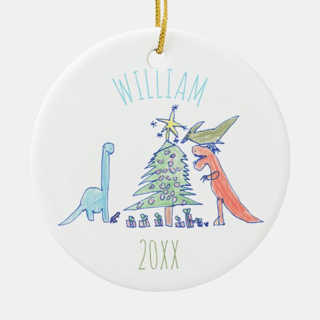 Kids Personalised Dinosaur Holiday Christmas Ceramic Tree Decoration (Front)