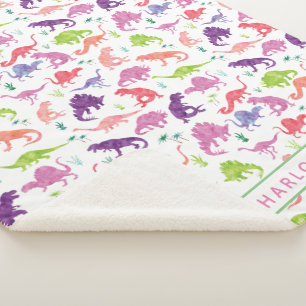 Kids Personalised Dinosaur Pink Purple Girls White Sherpa Blanket