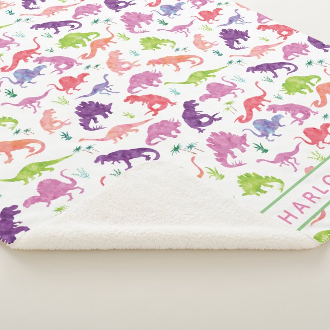 Kids Personalised Dinosaur Pink Purple Girls White Sherpa Blanket (3/4)