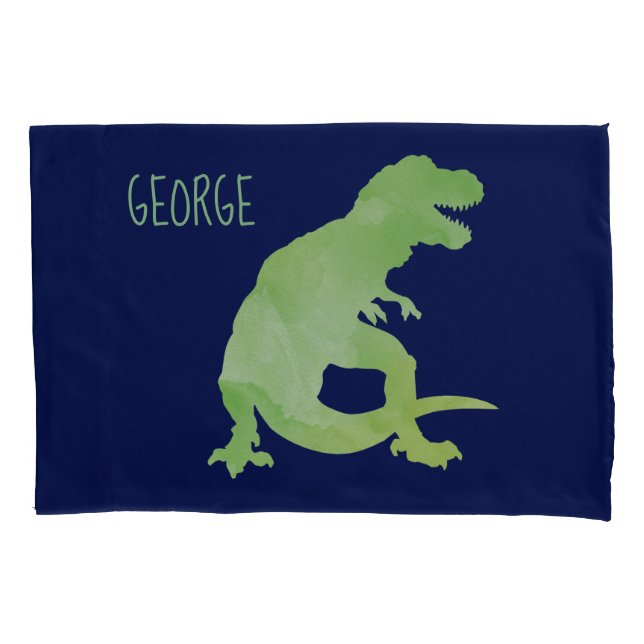 Kids Personalised Dinosaur Silhouette Green Blue Pillowcase (Front)