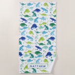 Kids Personalised Dinosaur Watercolor Pattern Beach Towel<br><div class="desc">Kids Personalised Dinosaur Blue Watercolor Beach Towel. Fun dinosaur pattern in watercolor blue and green on white background. www.SamAnnDesigns.com</div>