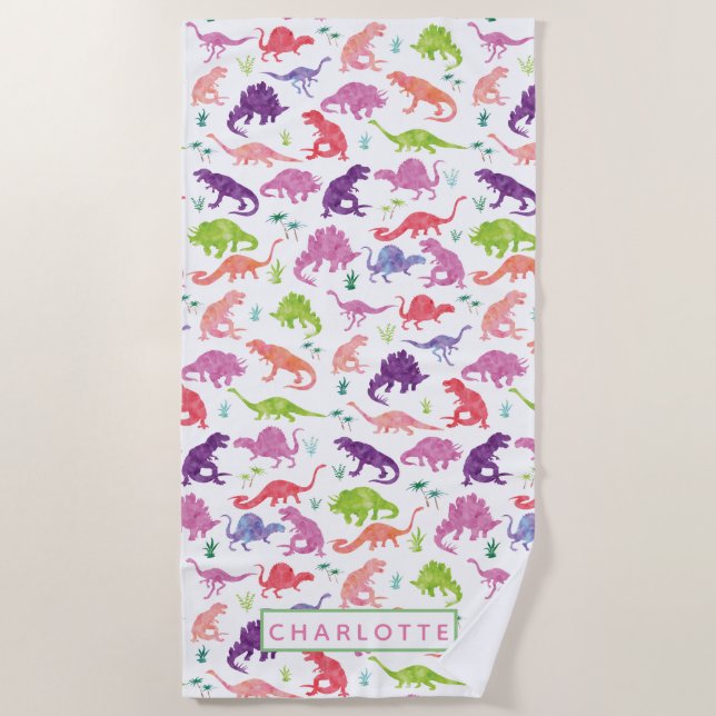 Kids Personalised Dinosaur Watercolor Pattern Beach Towel (Front)