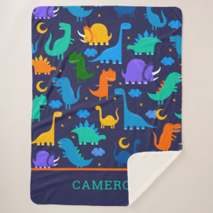 Kids Personalised Dinosaurs At Night Blue Orange Sherpa Blanket