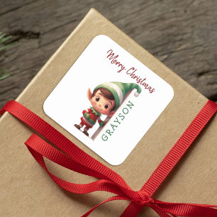 Kids Personalised Elf Christmas Square Sticker