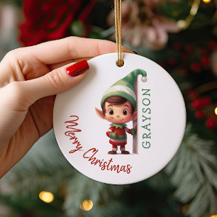 Kids Personalised Elf Christmas Tree Ceramic Tree Decoration