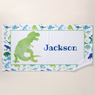 Kids Personalised Green Dinosaur Watercolor T-Rex Beach Towel