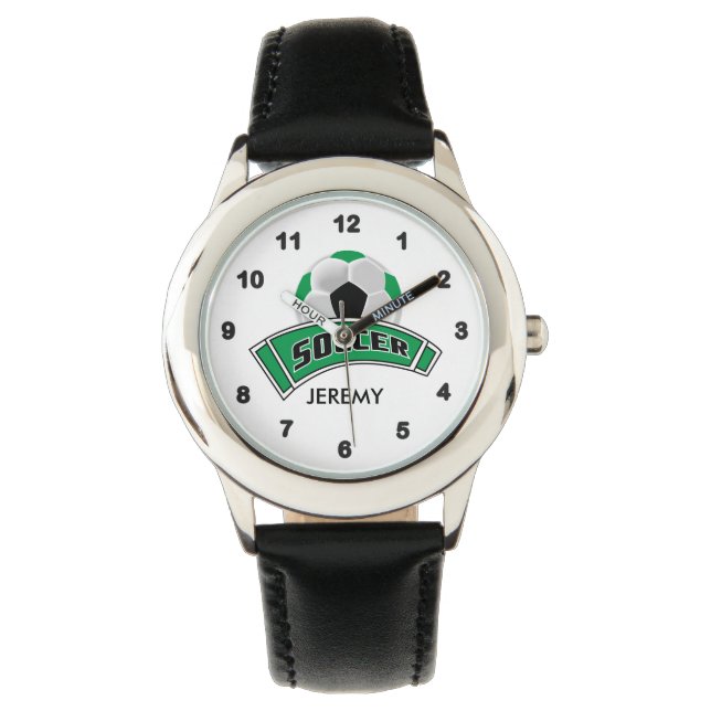 Kids Personalised Green Soccer  Watch (Front)