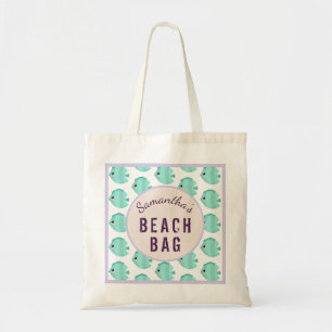 Kids Personalised Name Fish Lilac & Teal Beach Tote Bag