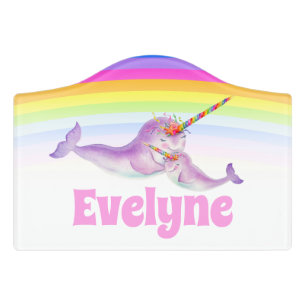 Kids personalised narwhal watercolor whimsy art door sign
