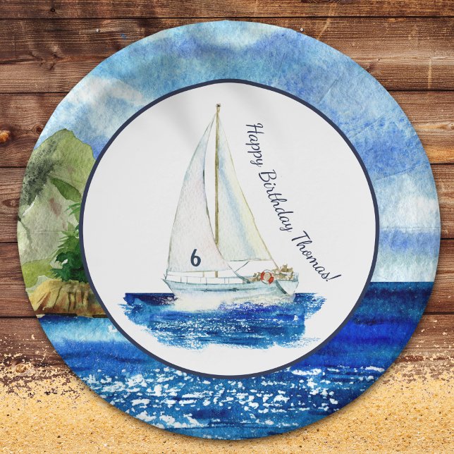 Kids Personalised Ocean Sailboat Birthday Party Paper Plate (Creator Uploaded)