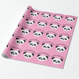 Kids Personalised Panda Bear Kawaii Birthday Pink Wrapping Paper