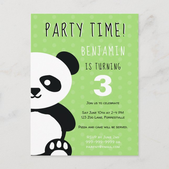 Kids Personalised Panda Kawaii Green Birthday Invitation Postcard (Front)