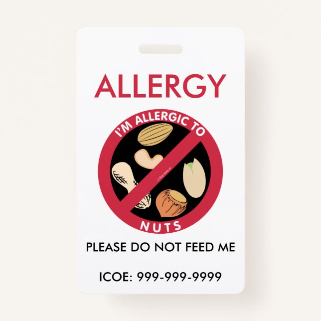 Kids Personalised Peanut Nut Allergy Emergency ID Badge (Front)