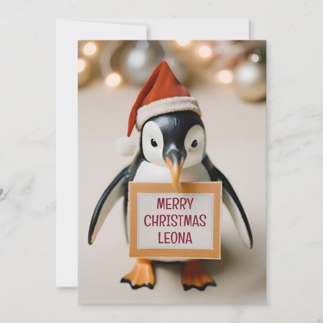 Kids Personalised Penguin Novelty Christmas Holiday Card (Front)