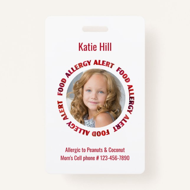 Kids Personalised Photo Food Allergy Medical Alert ID Badge (Front)