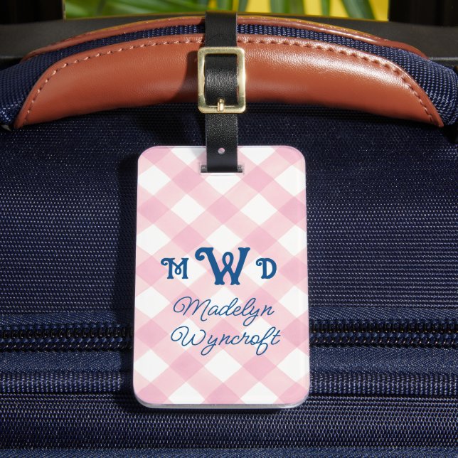 Kids Personalised Pink Monogram Gingham Bag Tag (Front Insitu 2)