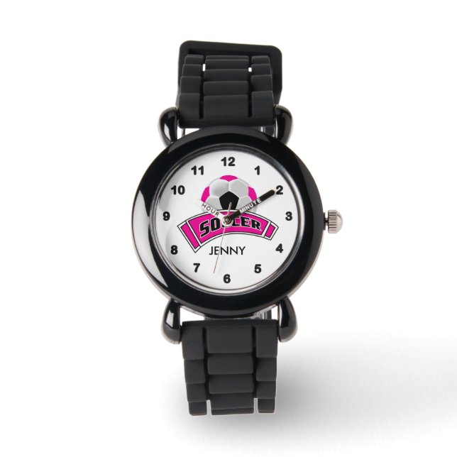 Kids Personalised Pink Soccer  Watch (Front)