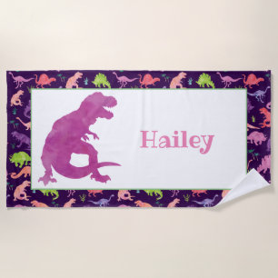 Kids Personalised Purple Dinosaur Watercolor T-Rex Beach Towel