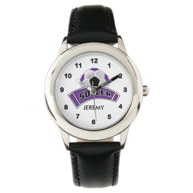 Kids Personalised Purple Soccer  Watch (Front)