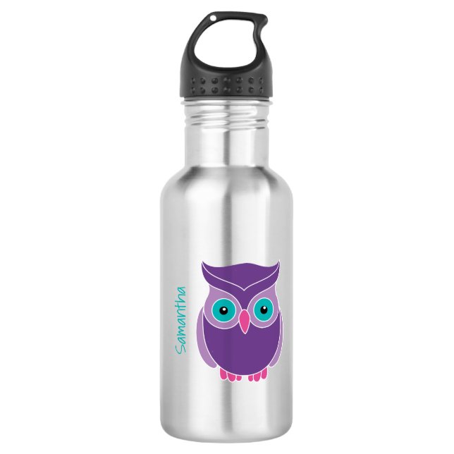 Kids Personalised Purple Teal Cute Owl 532 Ml Water Bottle (Front)
