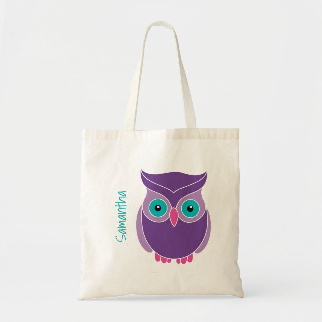 Kids Personalised Purple Teal Cute Owl Tote Bag (Front)