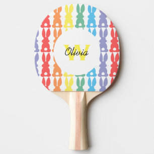 Kids Personalised Rainbow Bunny Pattern Silhouette Ping Pong Paddle