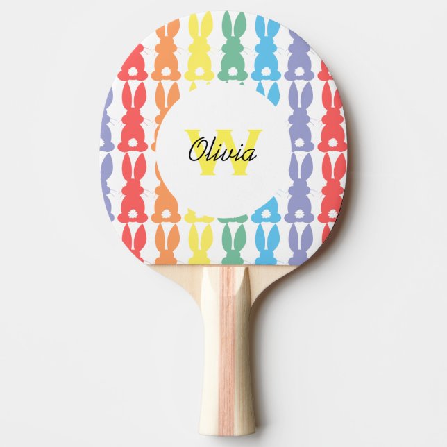 Kids Personalised Rainbow Bunny Pattern Silhouette Ping Pong Paddle (Front)