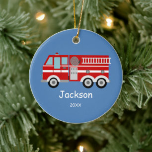 Kids Personalised Red Fire Truck Christmas Ceramic Tree Decoration