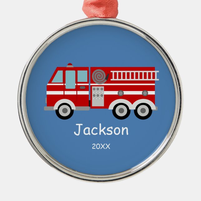 Kids Personalised Red Fire Truck Christmas Metal Tree Decoration (Front)