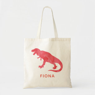 Kids Personalised Red Watercolor Dinosaur T-Rex Tote Bag